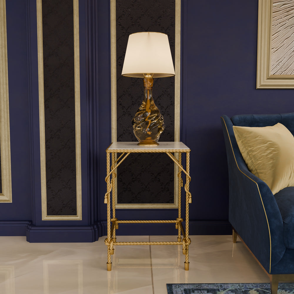 Square iron forged side table from the Cordelia Collection with marble top.