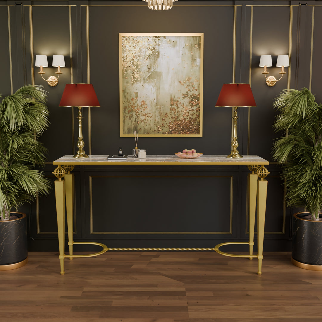 Architectural console table with forged metalwork and legacy-inspired design