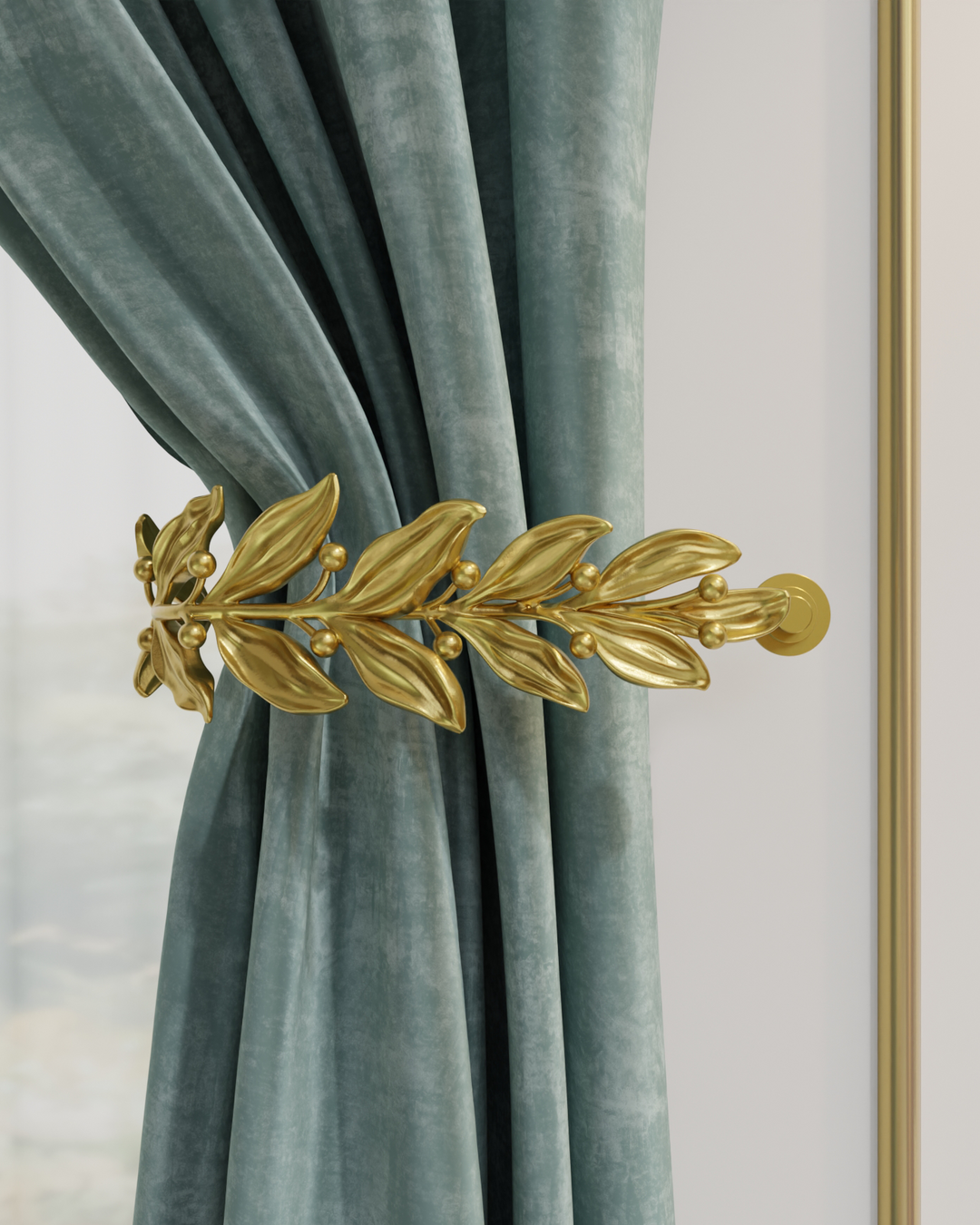 Laurel curtain holdbacks with nature-inspired form and sculpted leaf motif