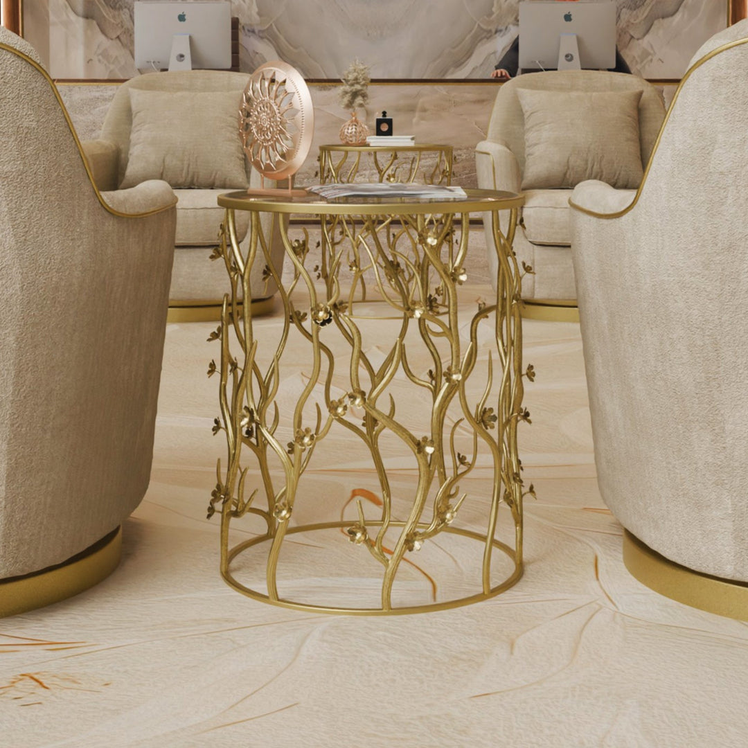 Front view of blossom side table with accessories in a marble reception setting