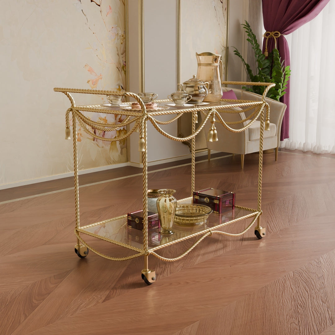 Rope-inspired Cordelia serving trolley in wrought iron with glass shelves