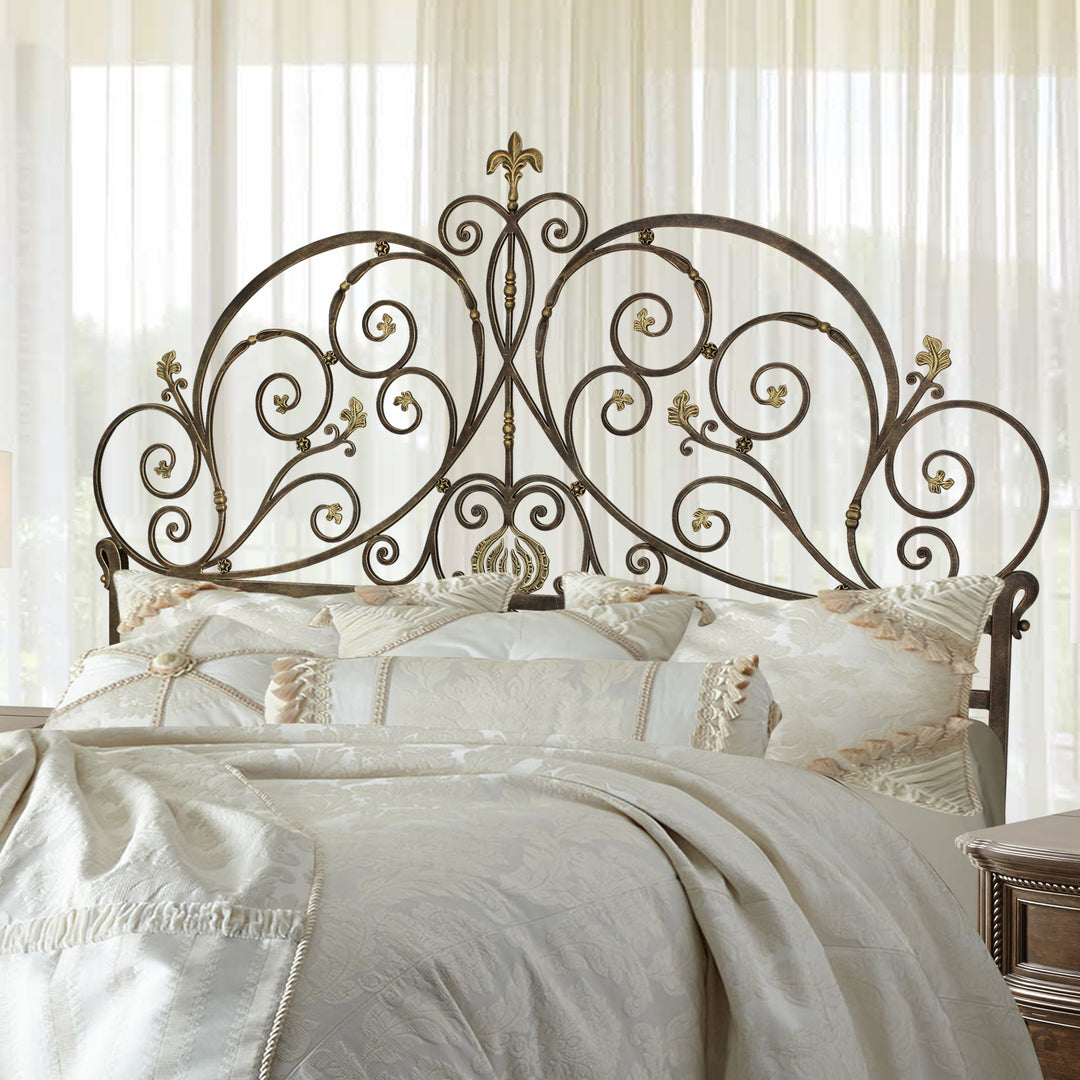 Alexandra wrought iron bed with scroll design and gold accents