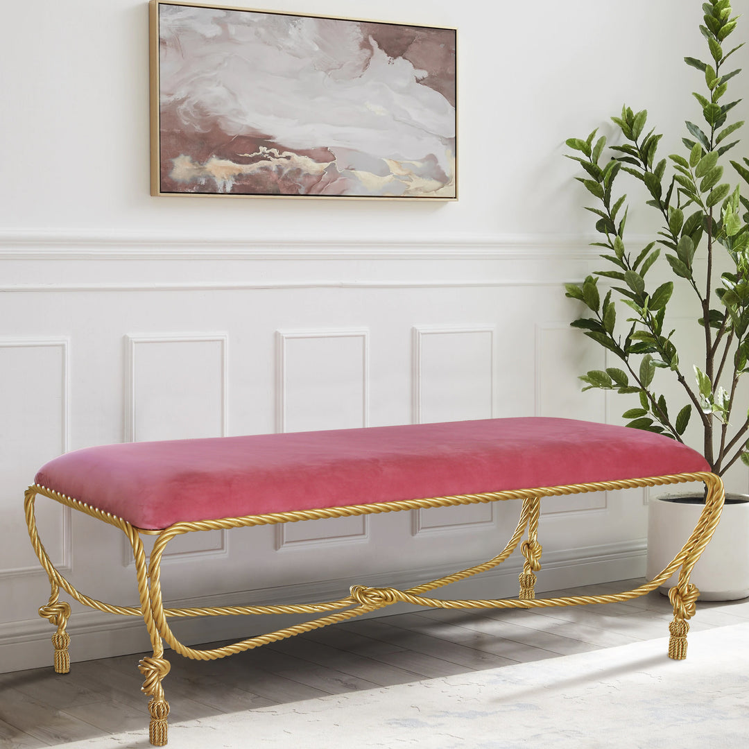 Allegra bench with velvet upholstery and handcrafted iron base.