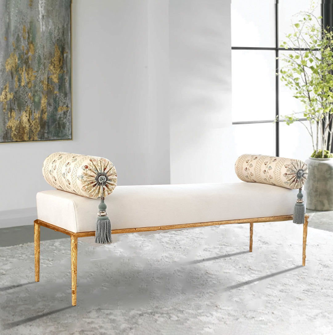 Amalfi velvet-upholstered bench with gold-leafed forged metal base.