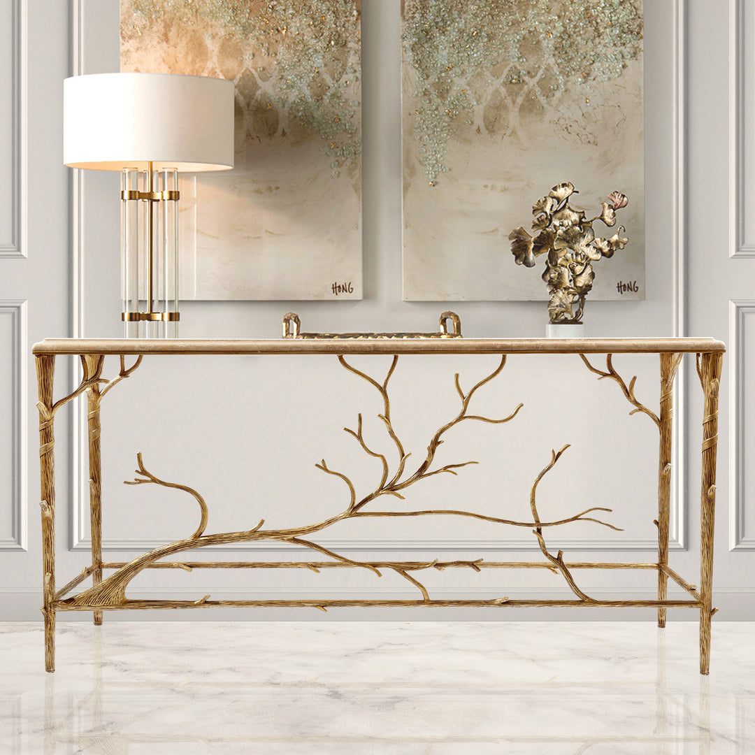Champagne console table with marble top and sculpted branch motif by Choufani