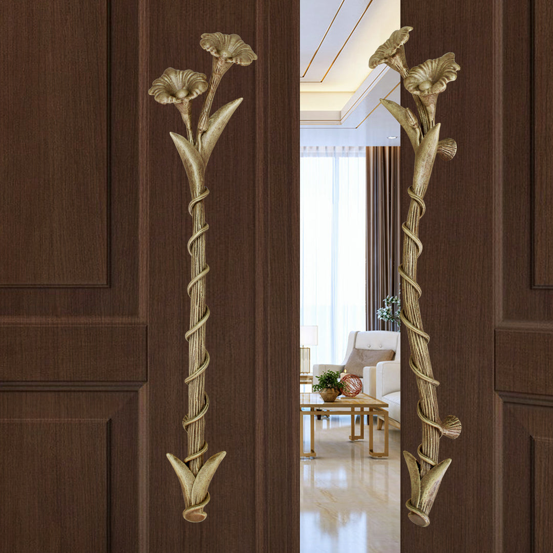 Amanda calla lily door handles with sculpted blooms and wrapped vine stems by Choufani