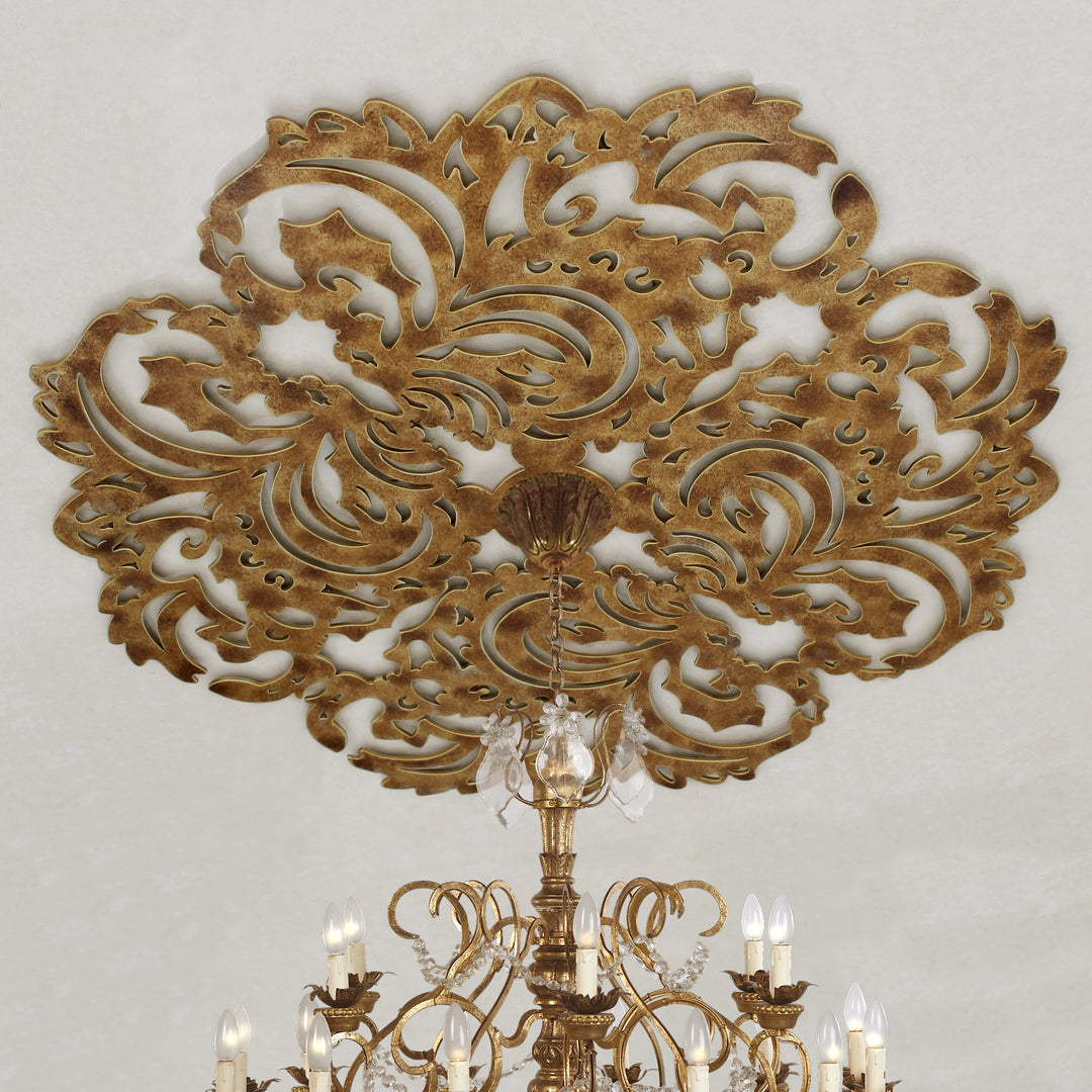 Antique gold ceiling medallion with ornate scroll design for chandelier