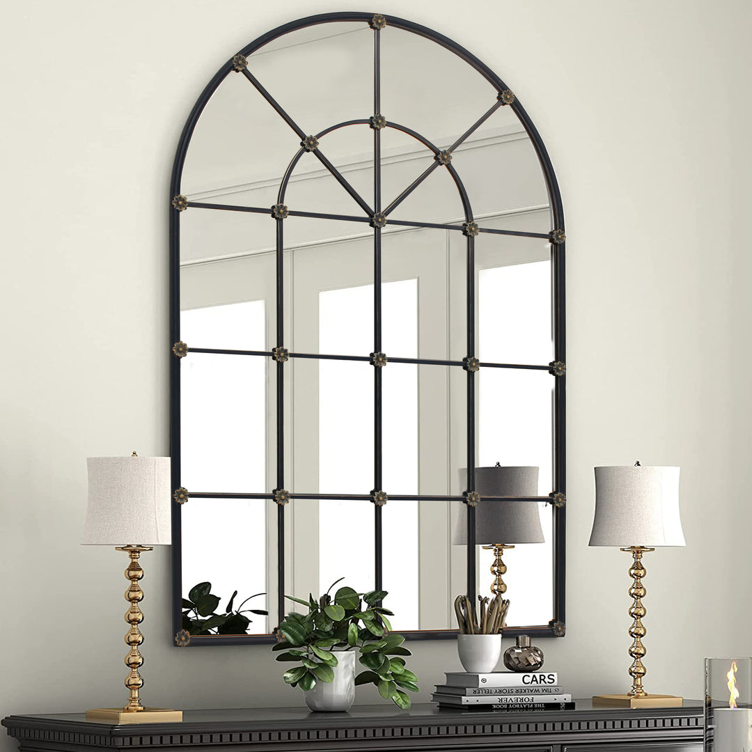 Capri French-style mirror with tall steel frame and elegant proportions.