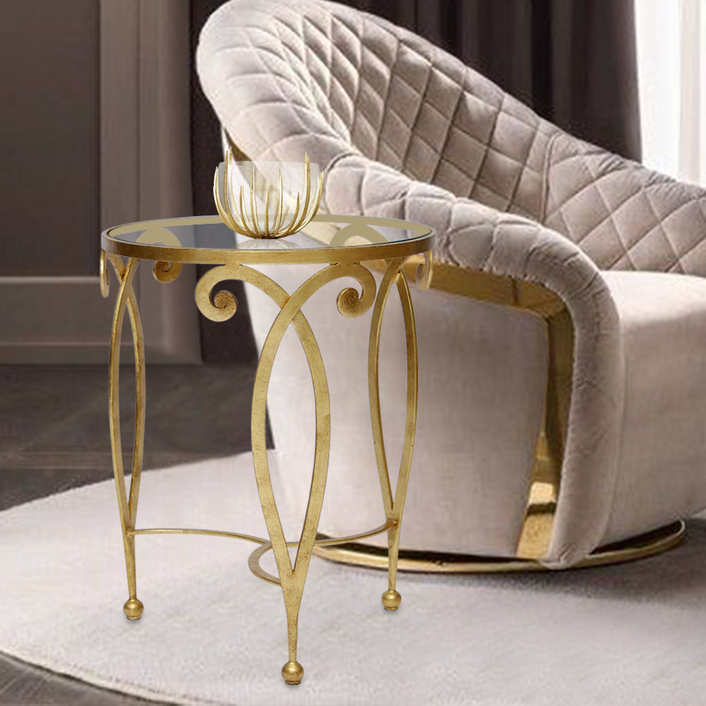 Gold leaf side table with curved legs and glass top by Choufani