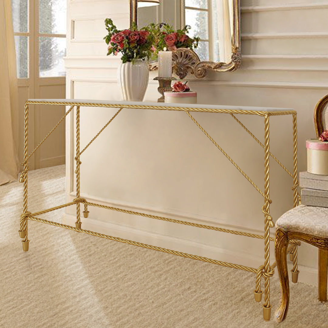 Cordelia console table with sculpted rope frame and gold finish