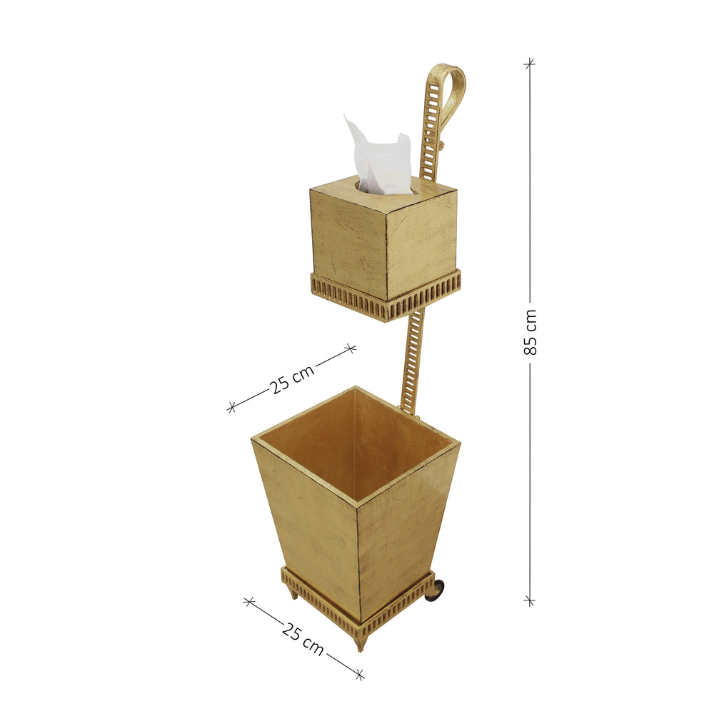 Decorative guest bin and tissue holder in gold leaf finish with annotated dimensions