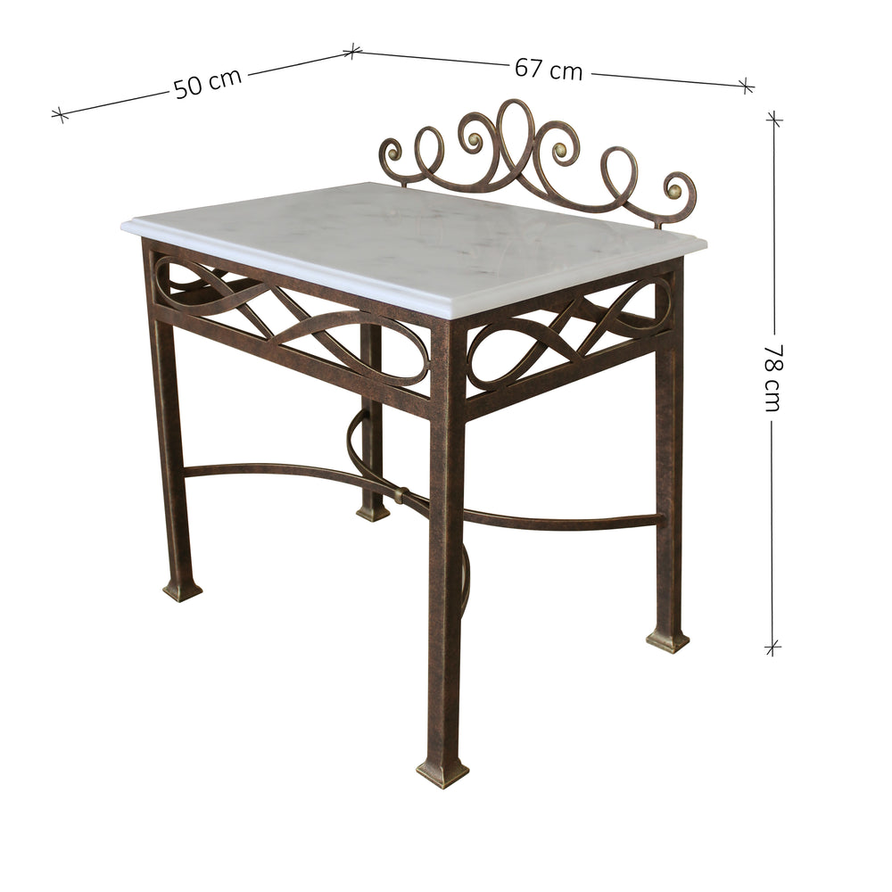 A luxurious organic styled bedside table with annotated dimensions