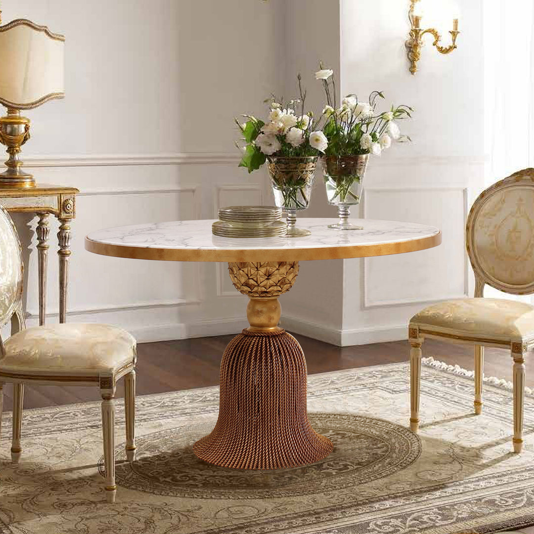 Isadora round entrance table with tassel-shaped wrought iron base and marble top