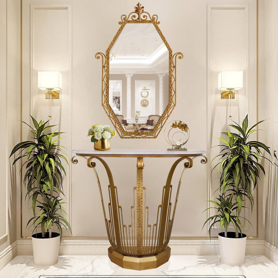 Lily console table with marble top and matching gold framed mirror in art deco style