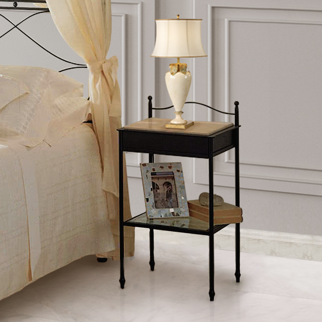 Malia wrought iron nightstand with marble top and lower glass shelf