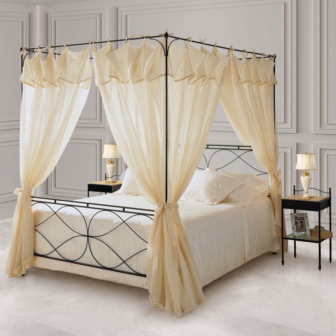 Malia double canopy wrought iron bed with light drapery