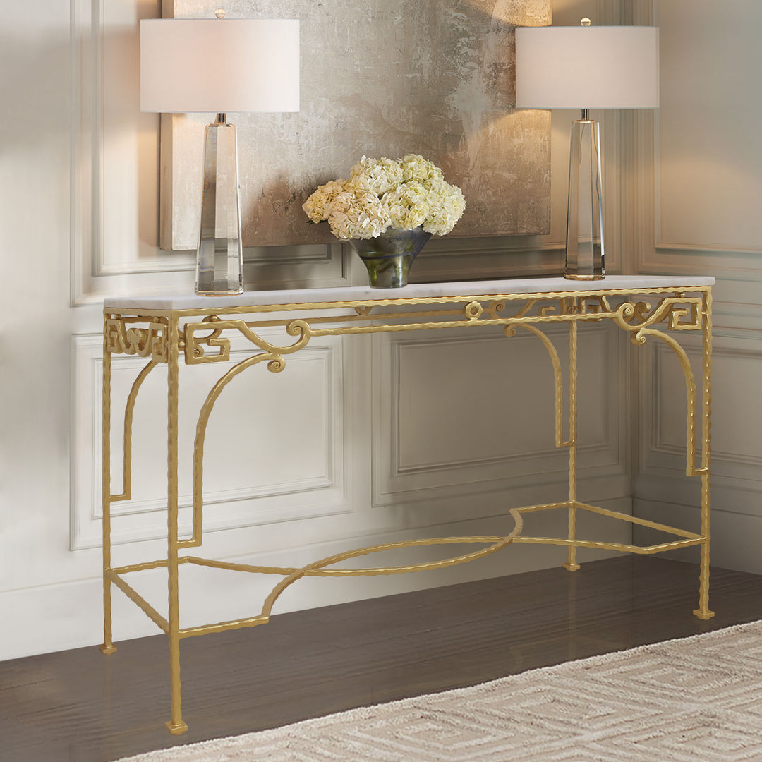 Maya console with white marble top and handcrafted gold frame featuring classical scrollwork