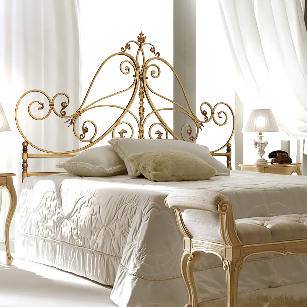 Opera luxury bed with ornate scroll headboard in antique finish