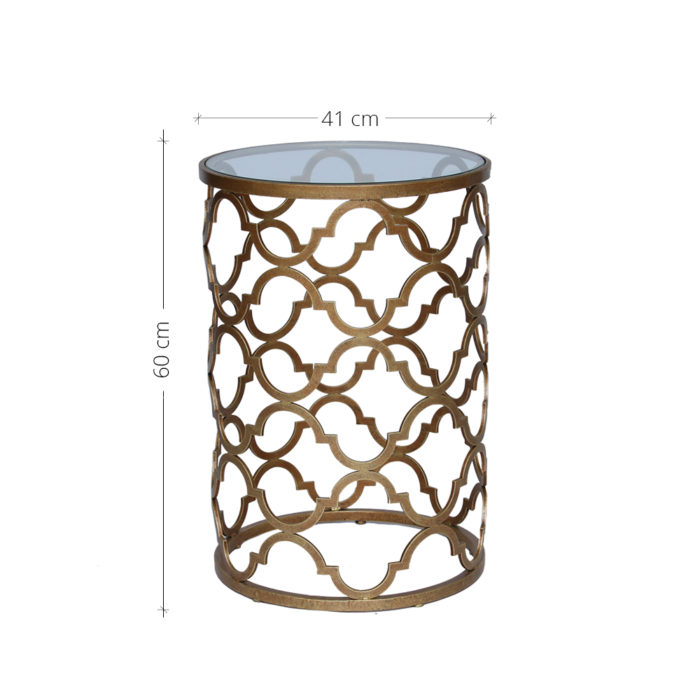 Modern end table with quatrefoil patterned base in antique golden color