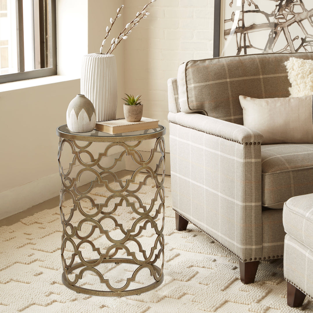 Orlando side table with antique gold lattice frame and glass top