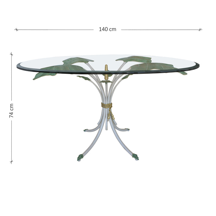 A modern round entrance table with a nature inspired metal base, topped with clear glass; with annotated dimensions