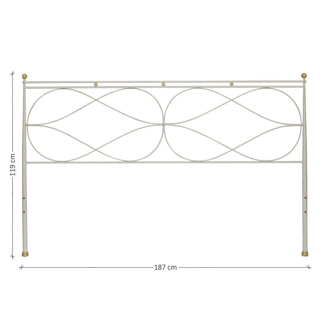 A modern metal double bed painted in white and hints of gold; with annotated dimensions