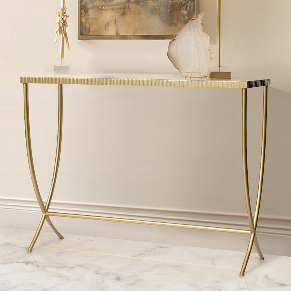 Sienna console table with gold finish and arched metal legs