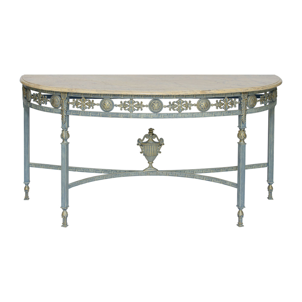 Luxurious wrought iron console table in antique blue finish with marble top