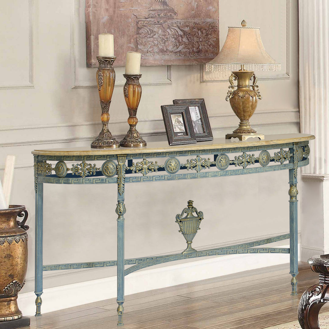Sylvia half-moon console table in antique blue with marble top.