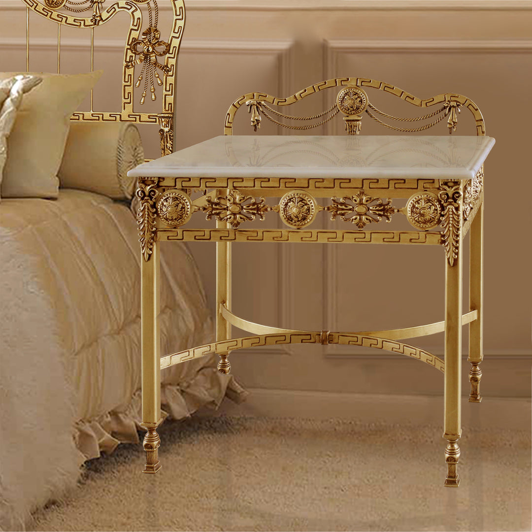 Sylvia wrought iron nightstand with marble top and antique gold detailing