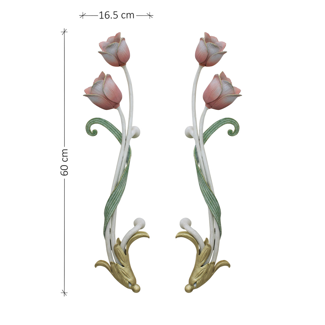 Pair of decorative pull handles inspired by tulips with annotated dimensions