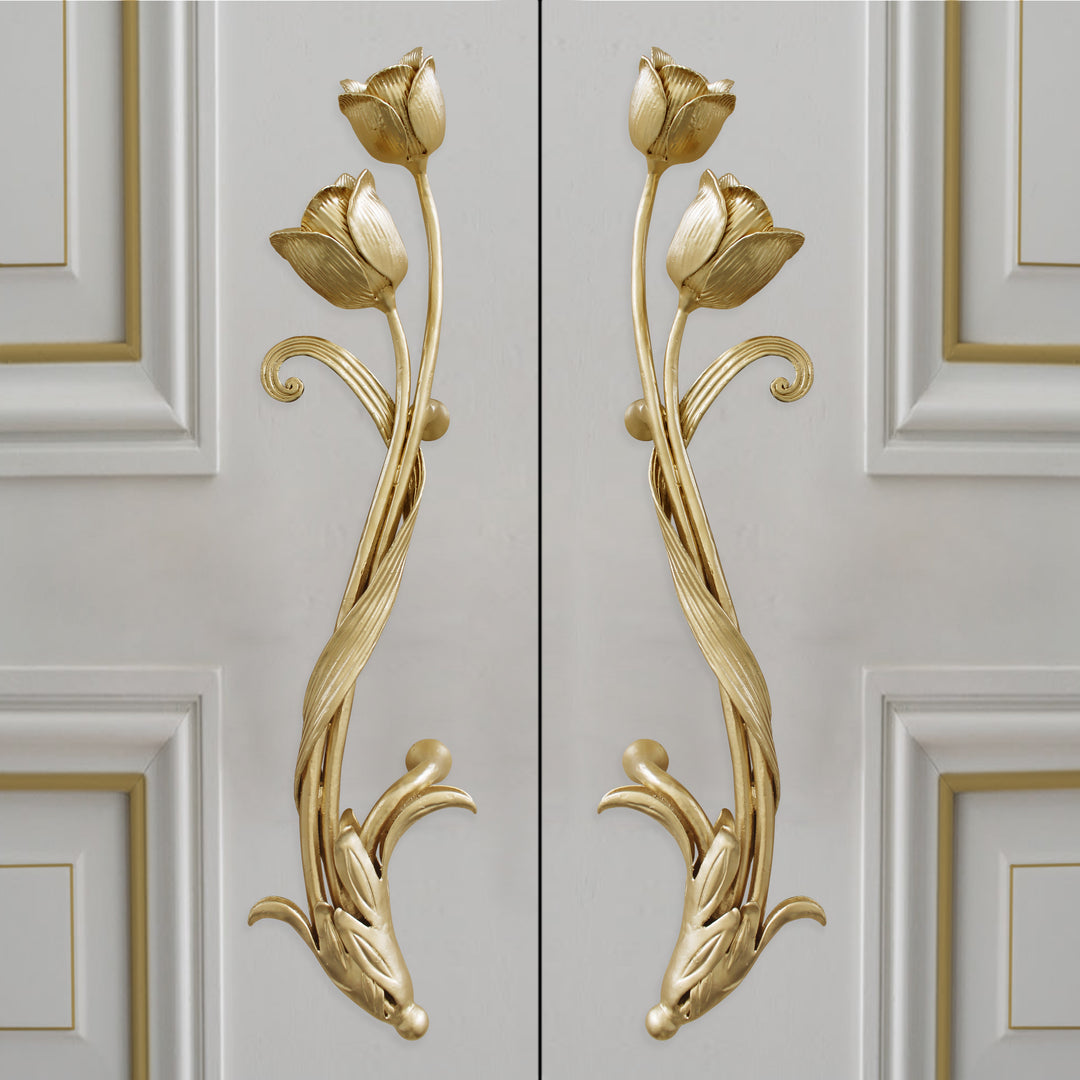 Tiffany tulip-inspired door handles with curved forged silhouette.