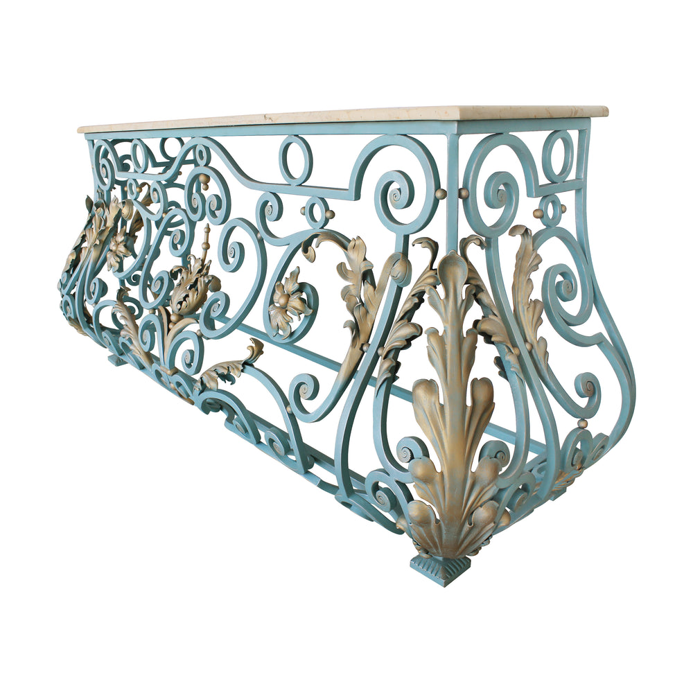 A unique console with a blue and gold classical base topped with a beige marble top