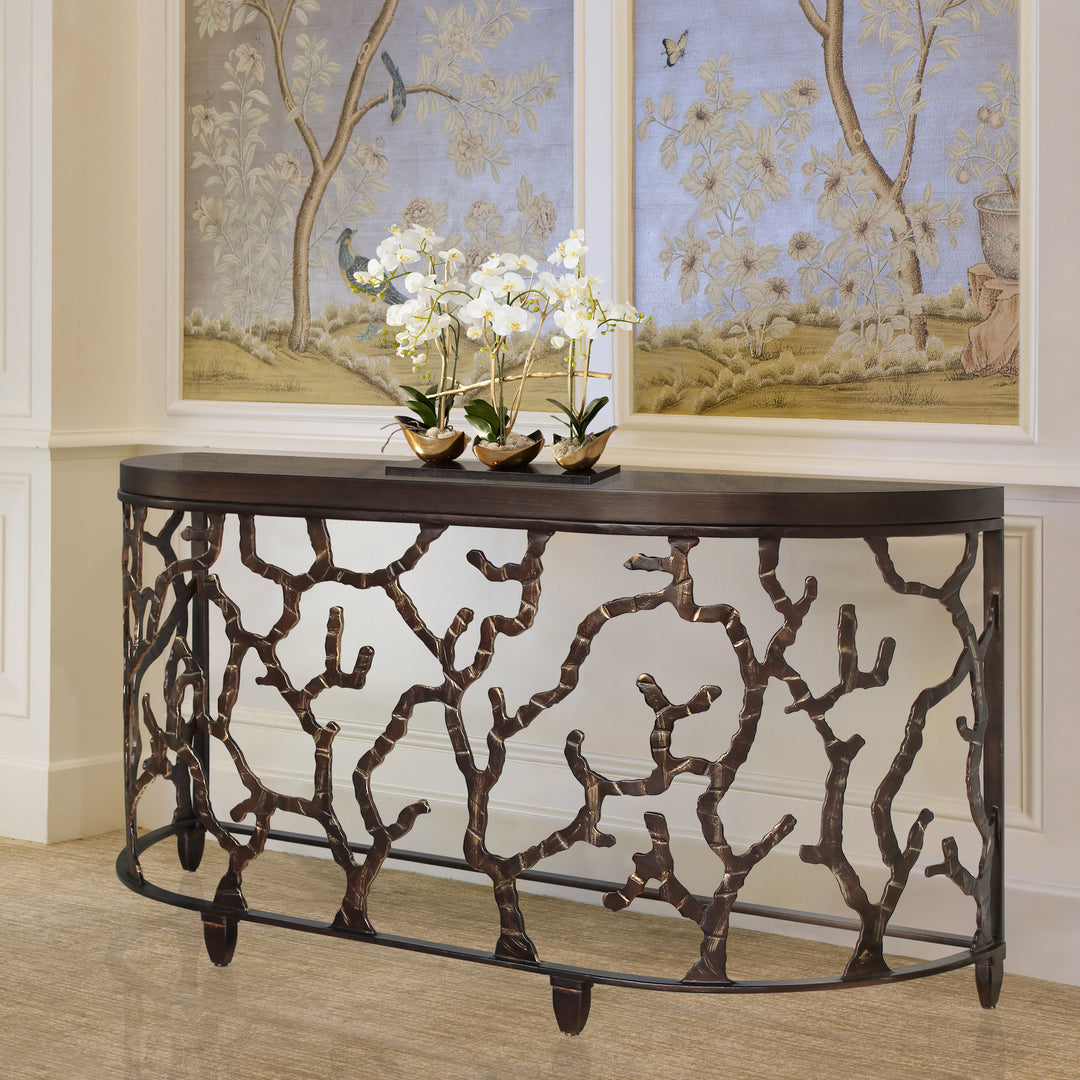 Verona console table with sculpted bronze branch base and dark wood top by Choufani