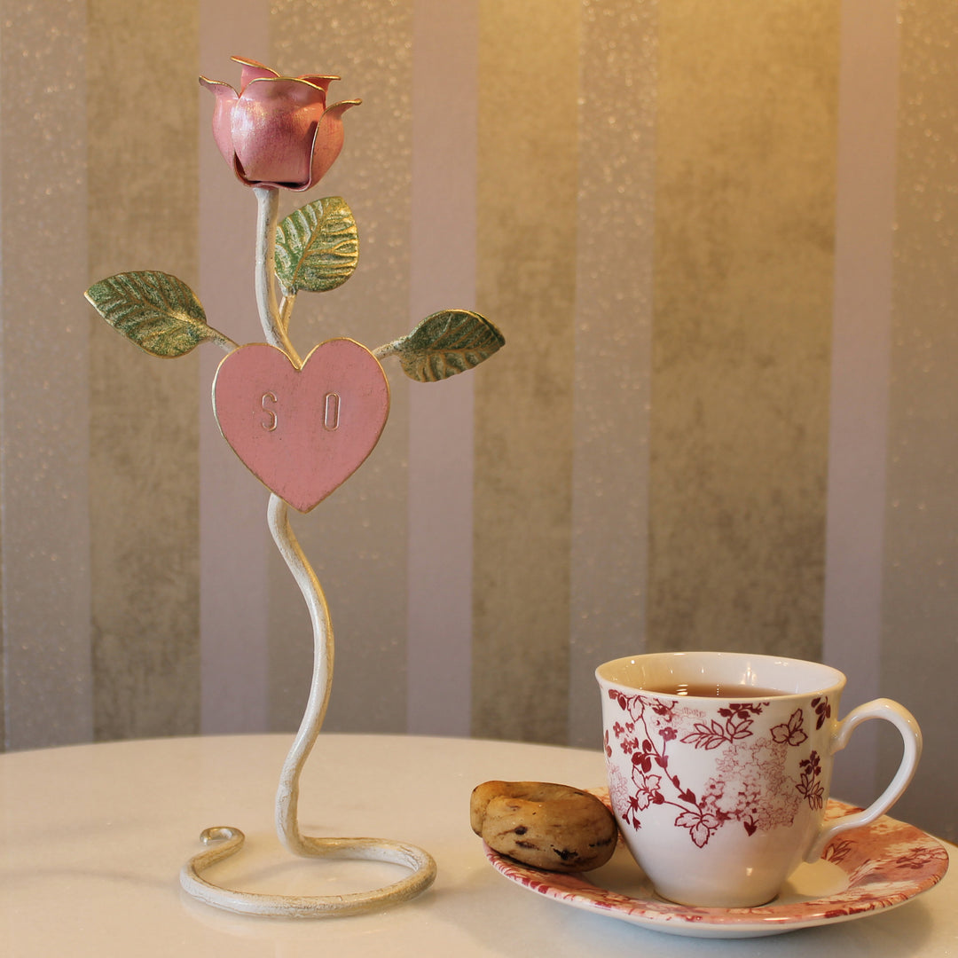 Valentina forged rose with initials and heart in pink