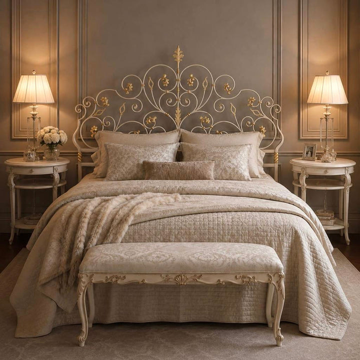 A classic bedroom scene featuring an ornate gold and white scrollwork metal headboard. The room is decorated with symmetrical nightstands, lit table lamps, and a neutral paneled wall.