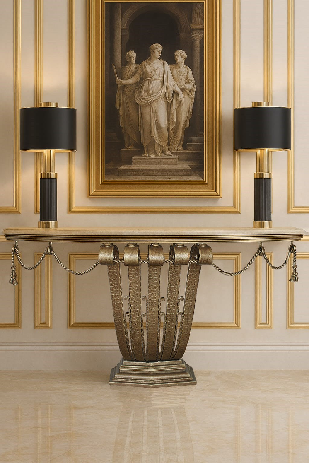 Decorative art deco console table with marble top in a room with gold accents with a classical painting
