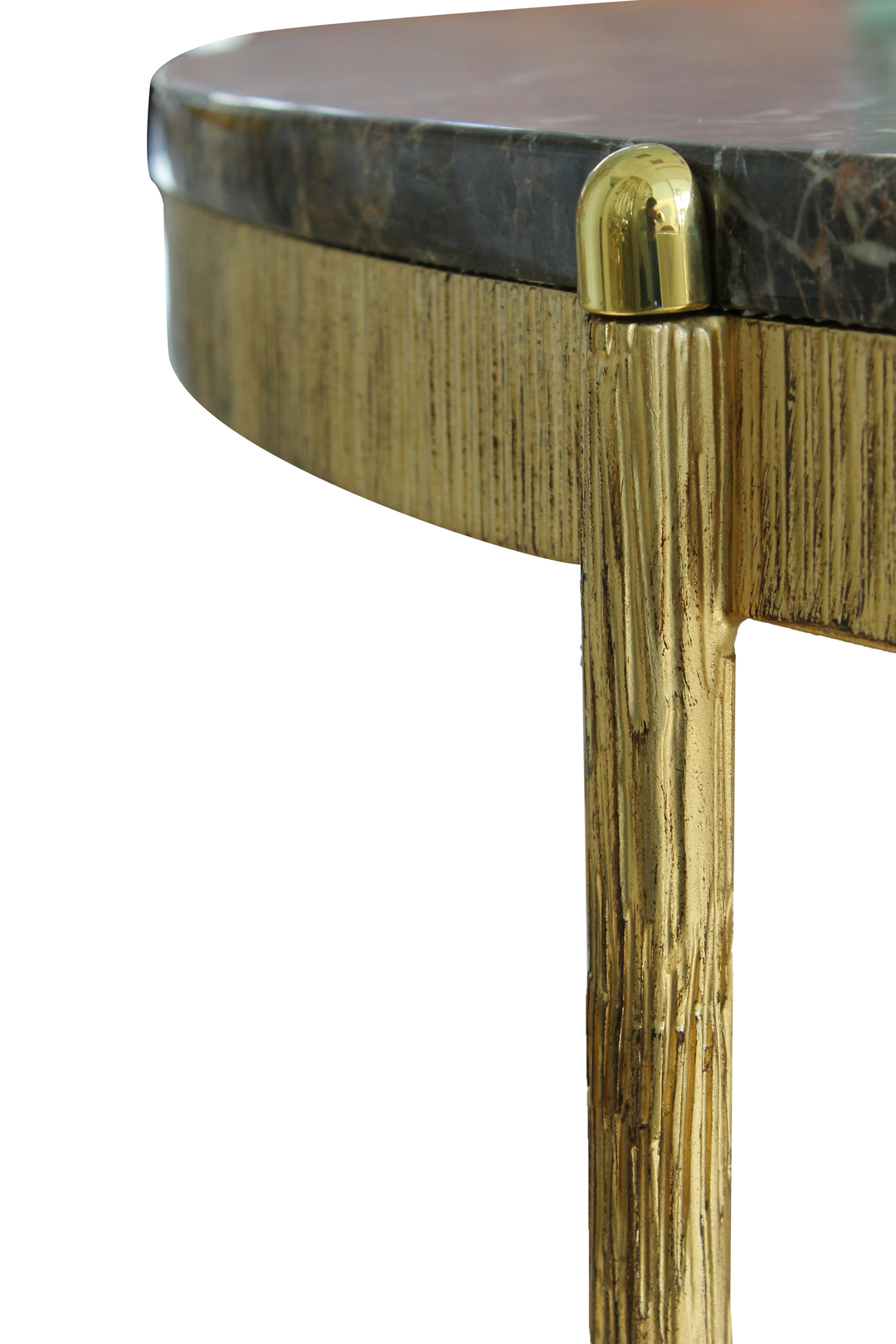 Macro shot capturing the exquisite textures and materials of modern steel nesting tables featuring lustrous marble tops