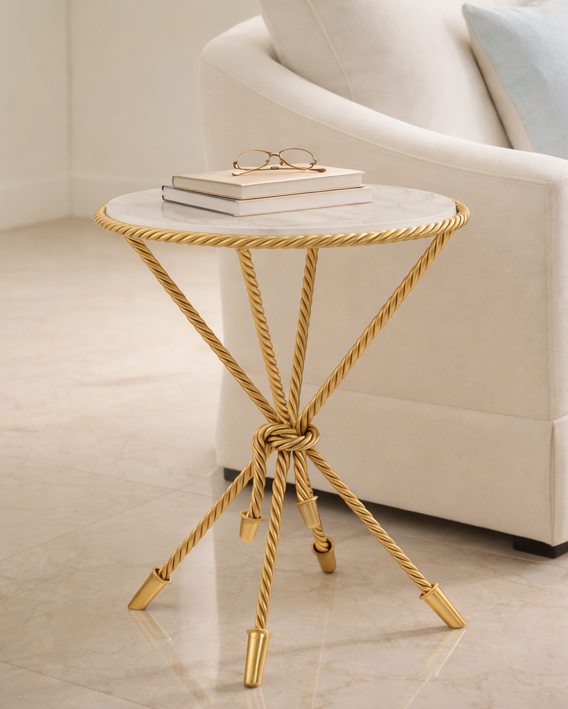 Gold side table with marble top in a living room setting