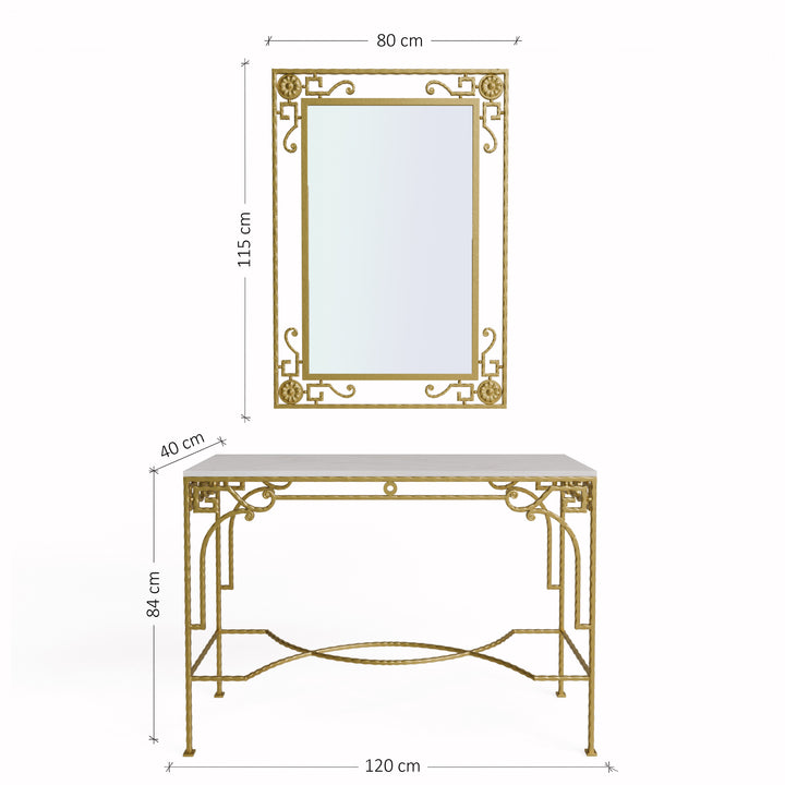 Gold console table with mirror and dimensions on a white background
