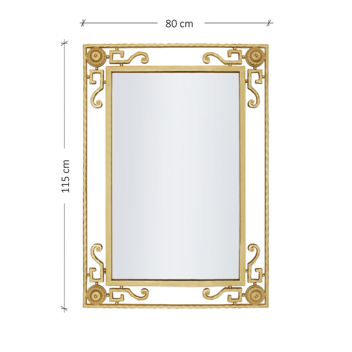 Gold-framed embossed mirror with dimensions on a white background