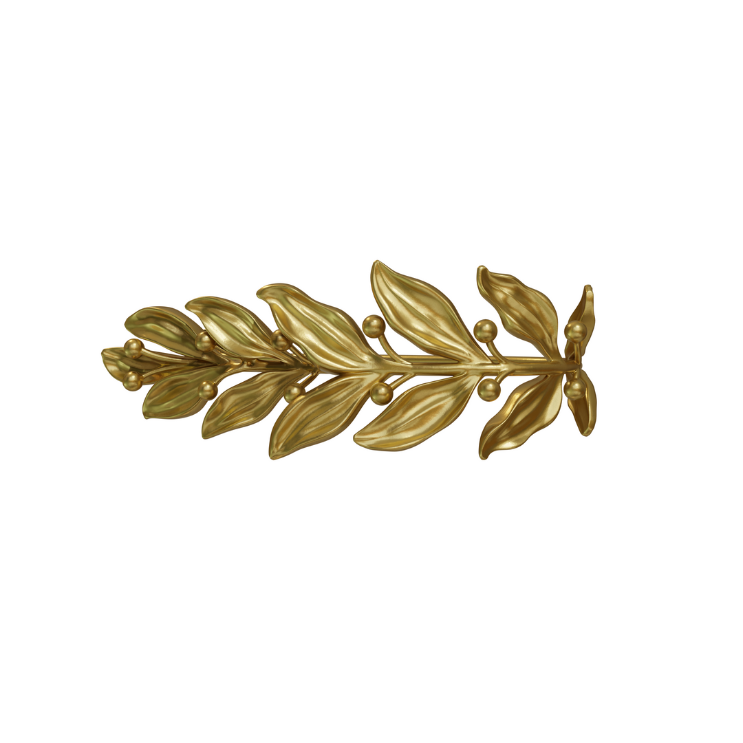 Gold curtain holdback with laurel leaves and buds