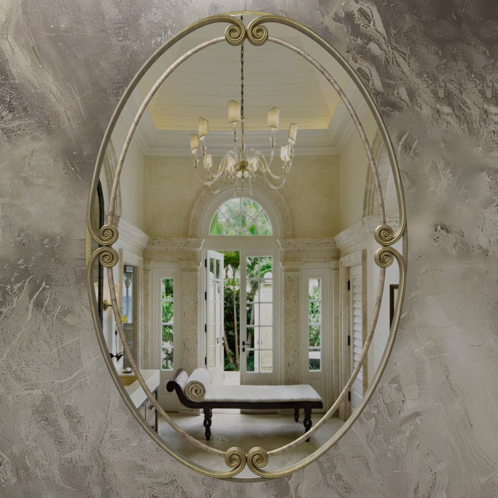 Reflections in the Melodie Bathroom Mirror showcasing its exquisite craftsmanship
