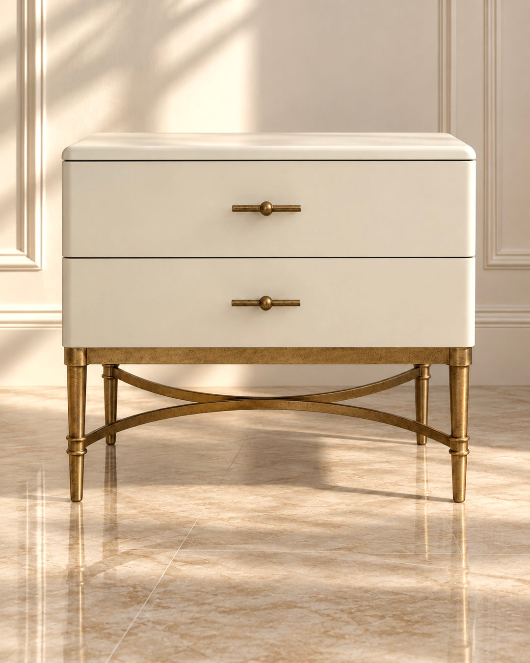 Michele Nightstand in ivory with two drawers, antique brass handles, and a handcrafted brass base with curved cross-stretcher detailing, shown in a warm, sunlit interior.