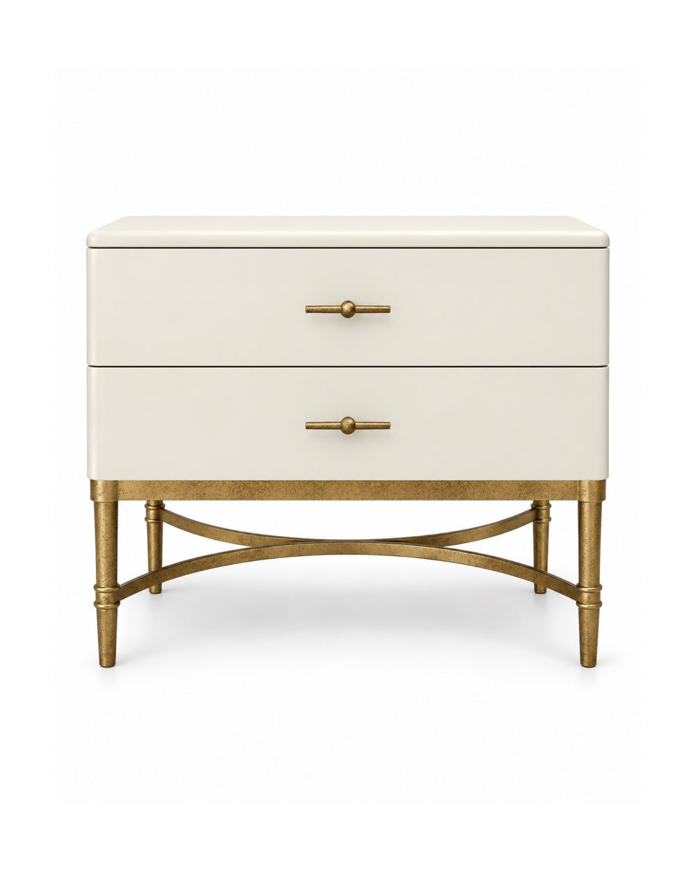Michele Nightstand in ivory with two spacious drawers, antique brass bar handles, tapered antique brass legs, and elegant curved cross-stretcher detailing on a clean white background.