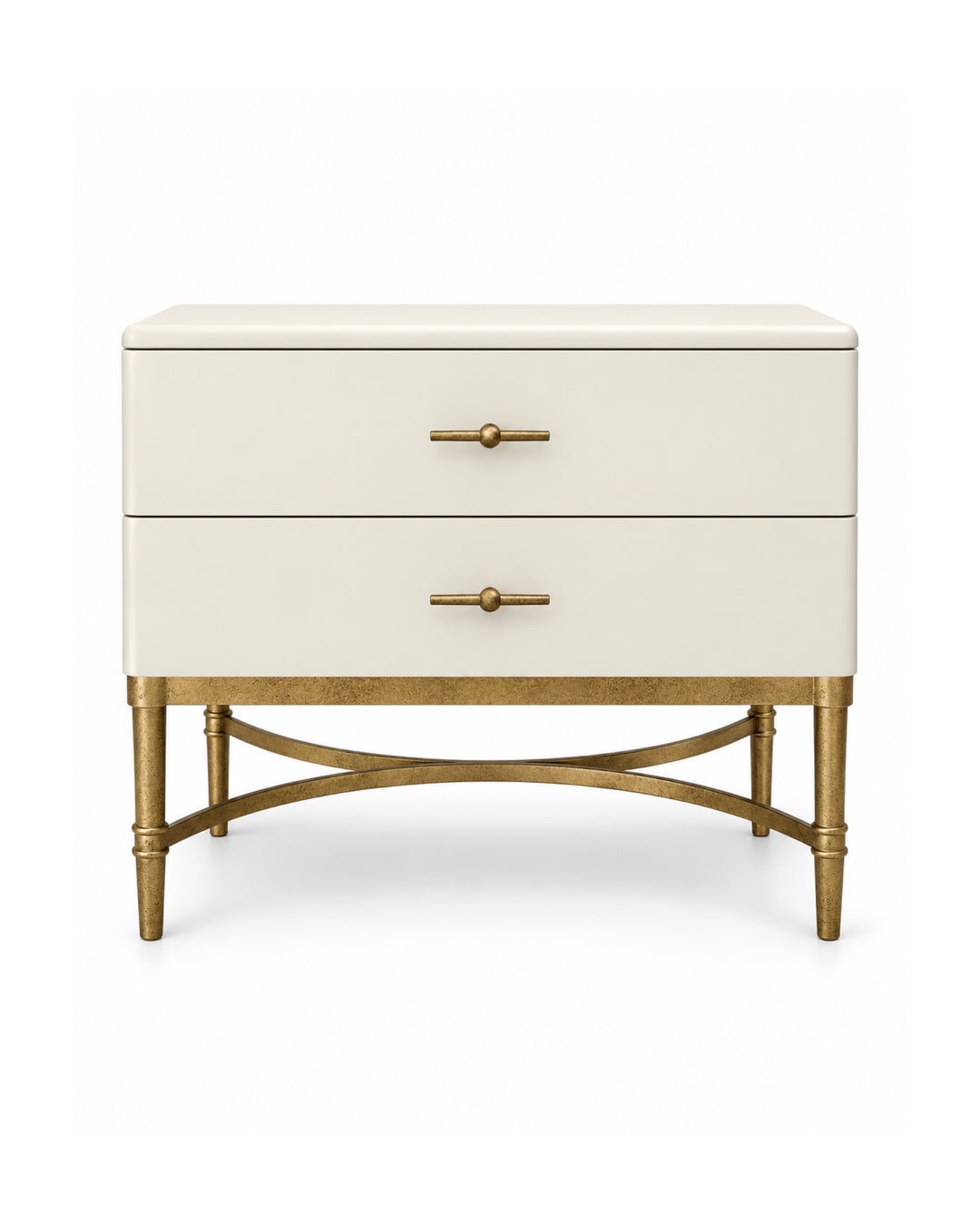 Michele Nightstand in ivory with two spacious drawers, antique brass bar handles, tapered antique brass legs, and elegant curved cross-stretcher detailing on a clean white background.