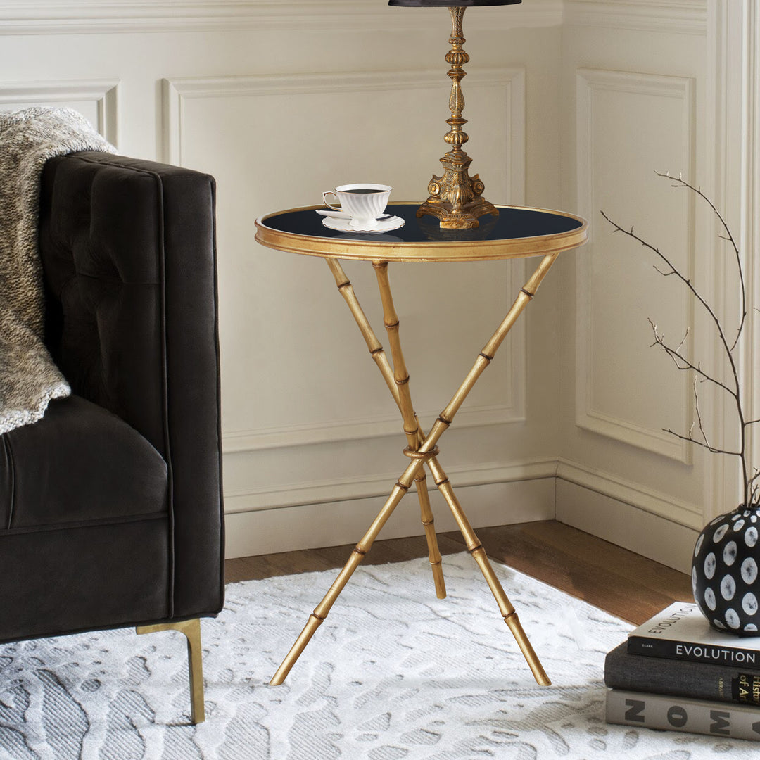Stylish Myra Side Table with Black Glass Top in Modern Living Room