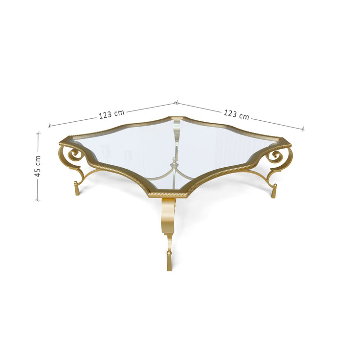 Regina coffee table with scroll base and dimensions 123 x 123 x 45 cm