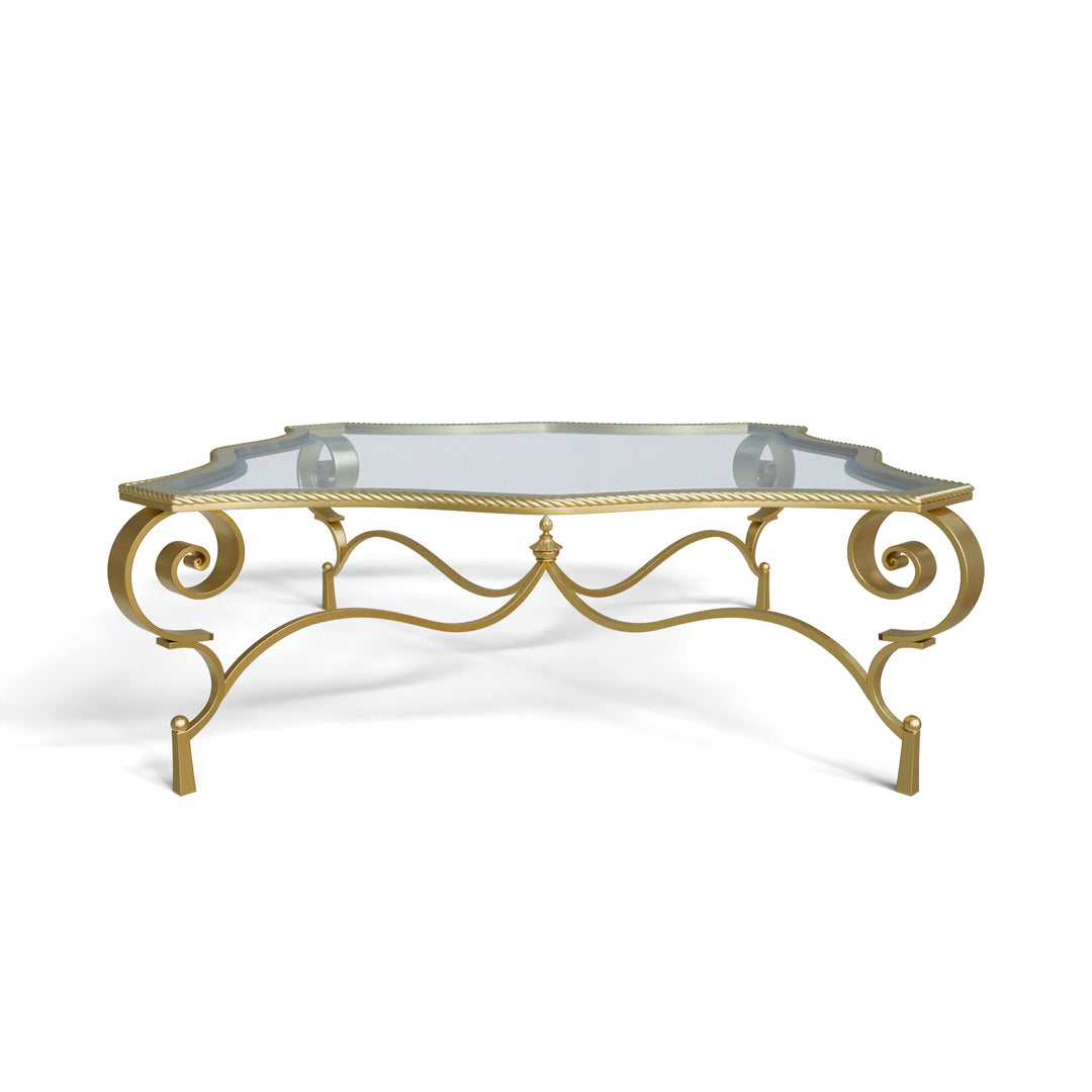 Regina coffee table with beveled glass top and sculpted gold base