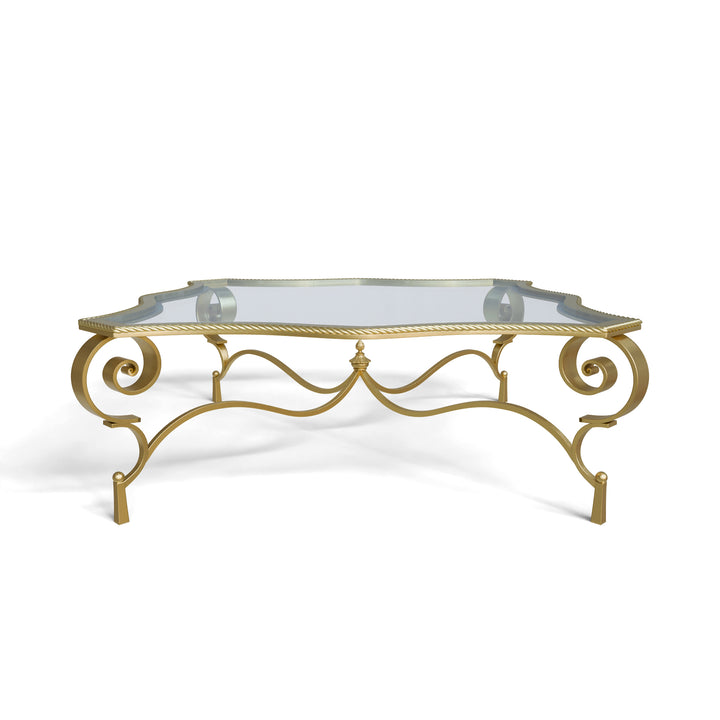 Regina coffee table with beveled glass top and sculpted gold base